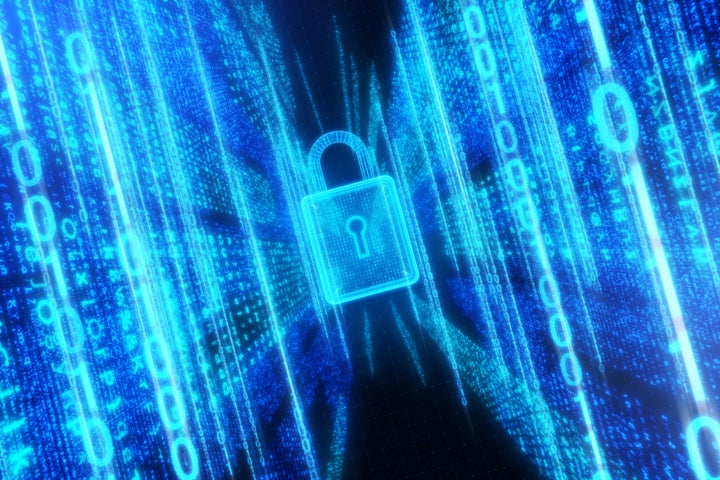 Abstract image of encrypted data going through a security padlock.