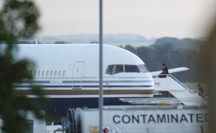 The grounded Boeing 767 aircraft which had been due to fly asylum seekers from MoD Boscombe Down, near Salisbury, in June.