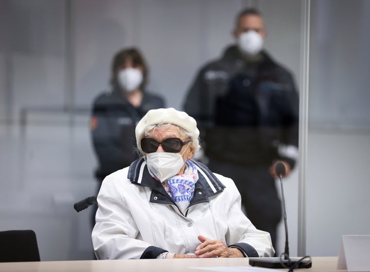 The at this time 96-year-old defendant Irmgard F. sits in the courtroom at the beginning of the trial day in Itzehoe, Germany, on Nov. 9, 2021. The now 97-year-old woman has been convicted of being an accessory to murder for her role as secretary to the SS commander of the Stutthof concentration camp during World War II.