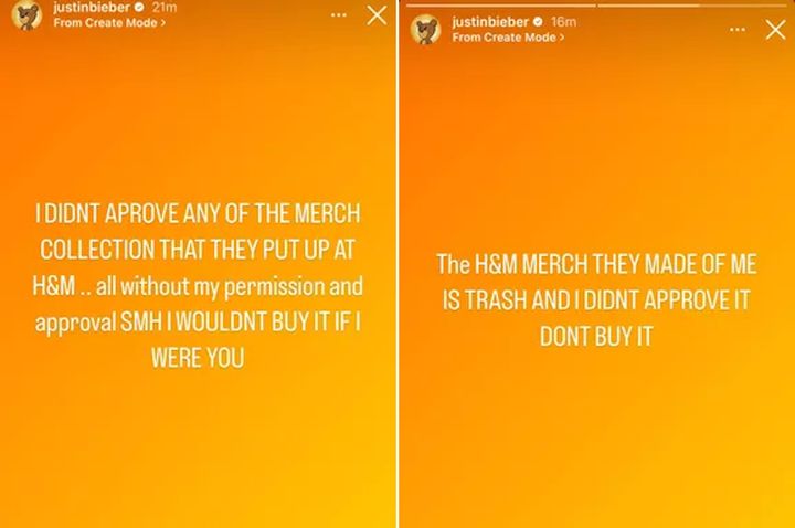 Bieber's Instagram story called the H&M merchandise featuring his likeness "trash" and said "dont buy it."
