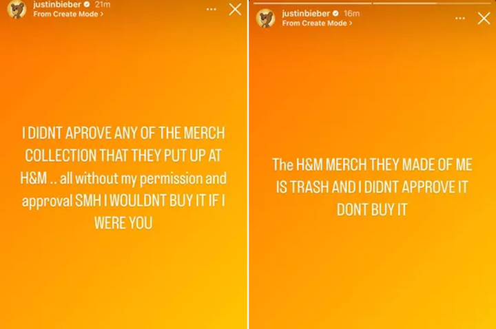 Bieber's Instagram story named H&M merchandise with his likeness "garbage" and said "don't buy it."
