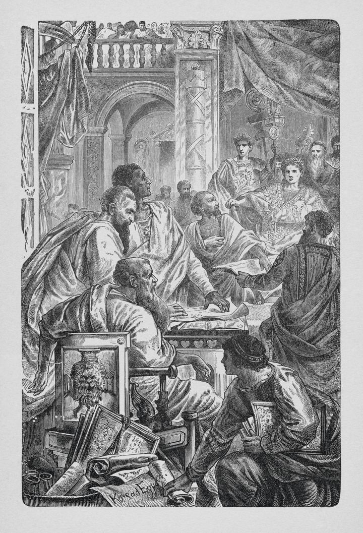 Ilustración del siglo XIX del Concilio de Nicea, en el que la fecha del 25 de diciembre quedó fijada como la del nacimiento de Jesús. 