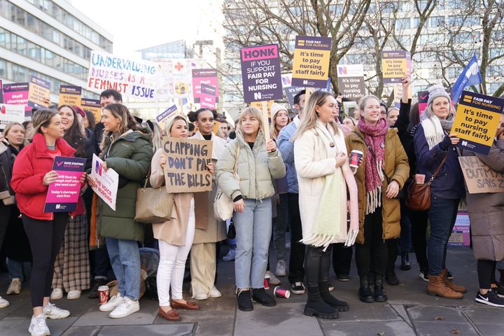Members of the Royal College of Nursing (RCN) on the picket line outside St Thomas' Hospital, central London, as nurses in England, Wales and Northern Ireland take industrial action over pay.