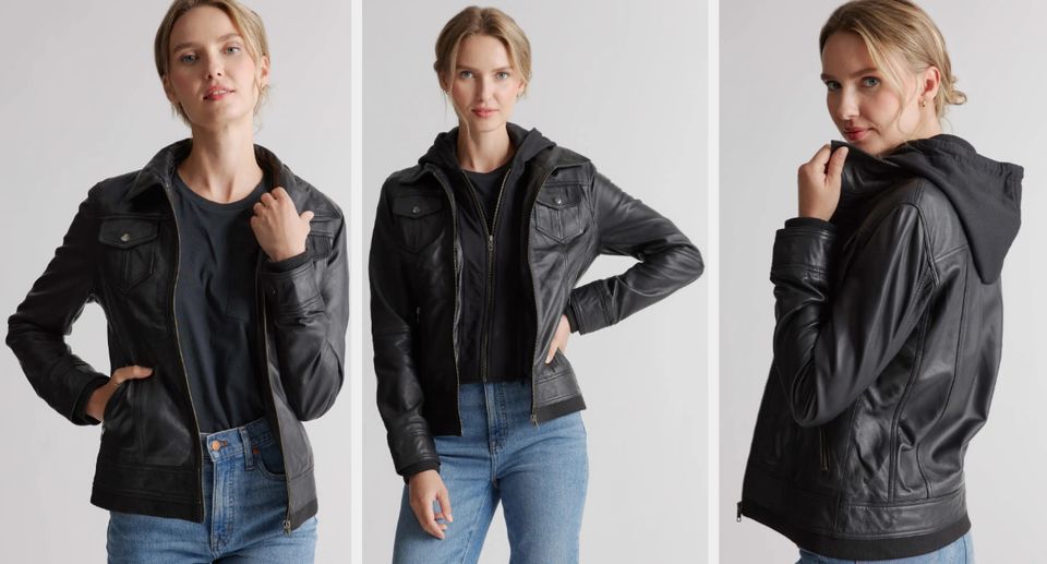 A versatile Quince black leather jacket designed with a conveniently removable hood