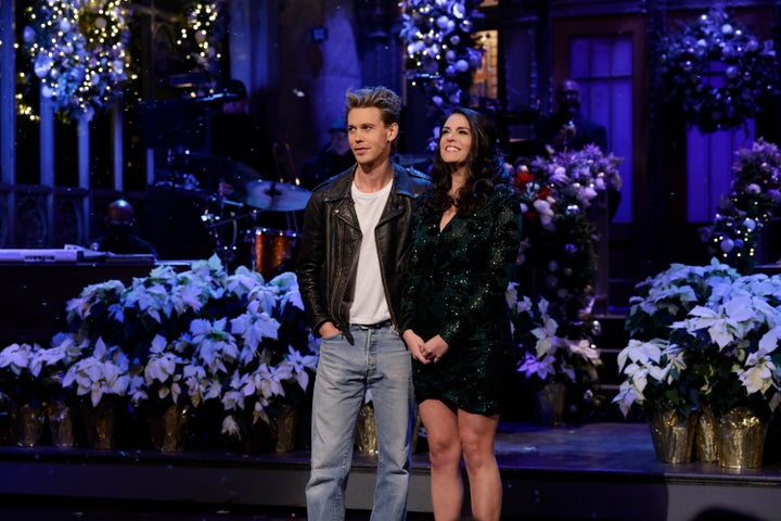 Host Austin Butler and now-former cast member Cecily Strong on the Dec. 17 episode of "Saturday Night Live."