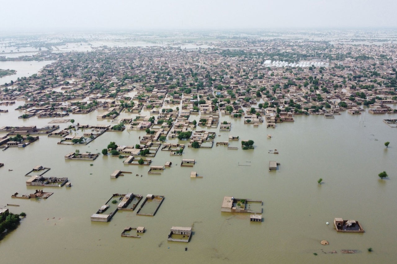 This aerial view shows a flooded residential area in Dera Allah Yar town after heavy monsoon rains in Jaffarabad district, Balochistan province, on Aug. 30.