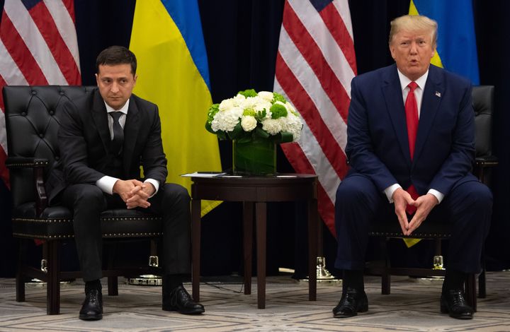 Then-U.S. President Donald Trump and Zelenskyy speak during a meeting in New York on Sept. 25, 2019, on the sidelines of the United Nations General Assembly.