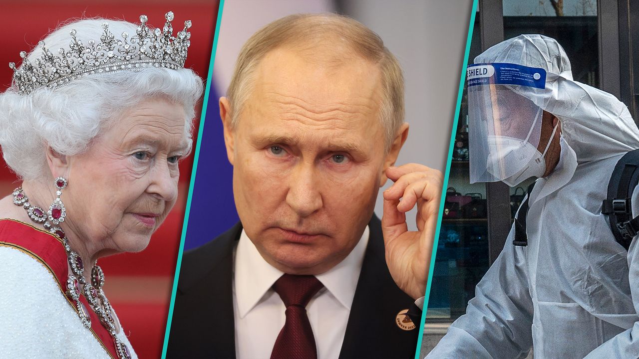 Russia's Vladimir Putin (center) and the country's invasion of Ukraine, the death of Queen Elizabeth II (left), and China's "zero COVID" policy reflect the top international stories of 2022.
