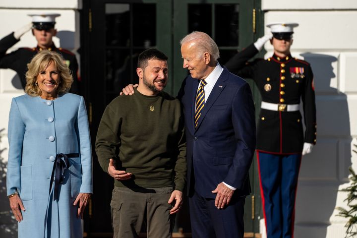 President Joe Biden and first lady Jill Biden greeted President Volodymyr Zelenskyy of Ukraine as he arrived at the White House on Wednesday.