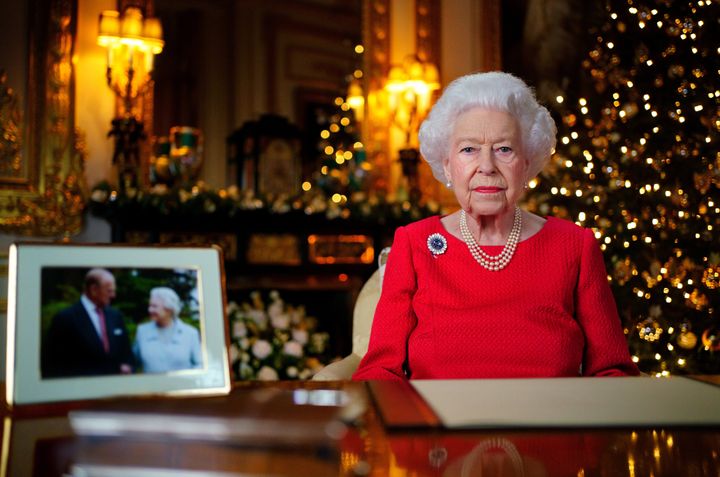 Queen Elizabeth II pictured at her final Christmas broadcast in the White Drawing Room at Windsor Castle on Dec. 23, 2021, in Windsor, England.