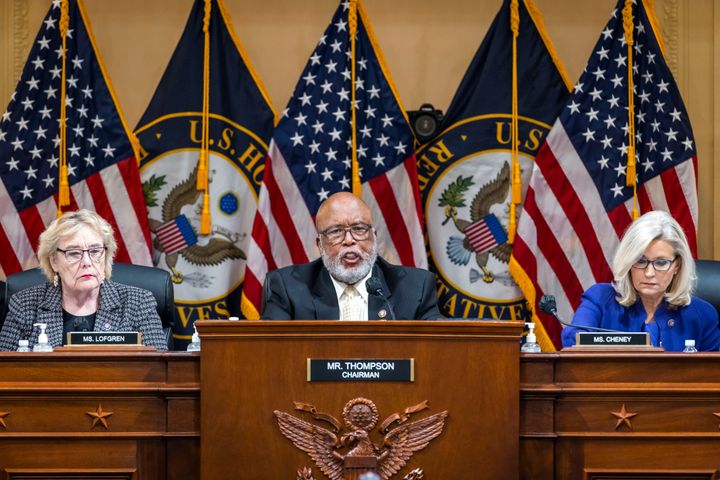 FILE - Chairman Bennie Thompson, D-Miss., center, speaks as the House select committee investigating the Jan. 6 attack on the U.S. Capitol holds its final meeting on Capitol Hill in Washington on Monday. From left, Rep. Zoe Lofgren, D-Calif., Thompson and Vice Chair Liz Cheney, R-Wyo.