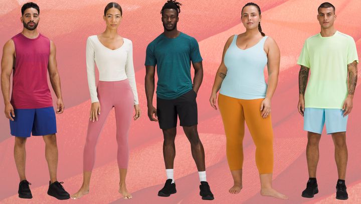 Lululemon women's Instill legging and men’s Pace Breaker short shown in a variety of colors