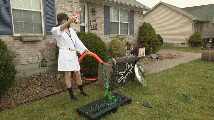 A 'Cousin Eddie' Christmas display in the Dogwood subdivision of Shepherdsville, Ky. looked a little too real and police were called to check it out. Officers arrived to find a mannequin decorated like the character from “National Lampoon's Christmas Vacation." (WDRB via AP)