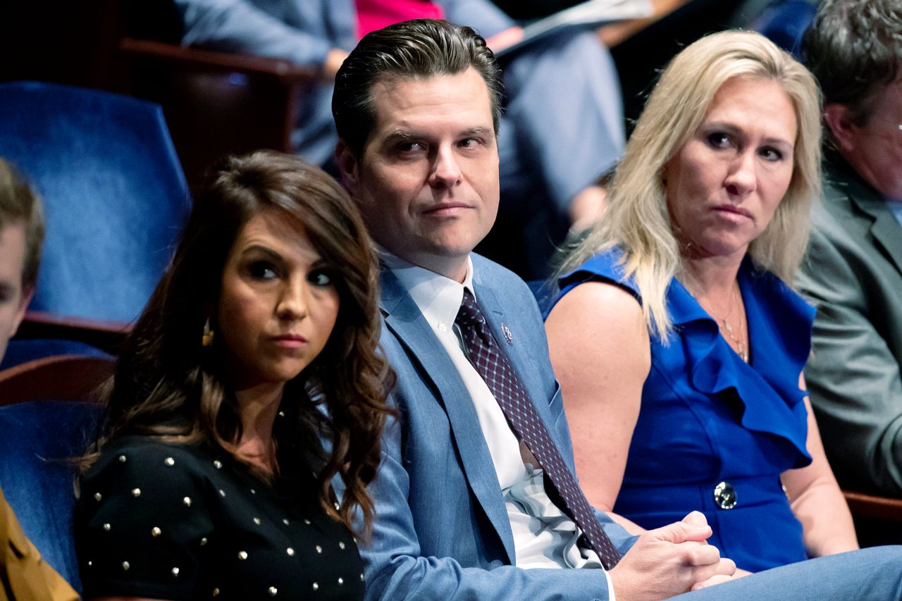 Republican Reps. Lauren Boebert (Colo.), left, Matt Gaetz (Fla.) and Marjorie Taylor Greene (Ga.) listen to Attorney General Merrick Garland at an October 2021 House Judiciary Committee oversight hearing. After Donald Trump's presidency, far-right lawmakers whose inflammatory comments would likely have made them pariahs in the past have risen in power.