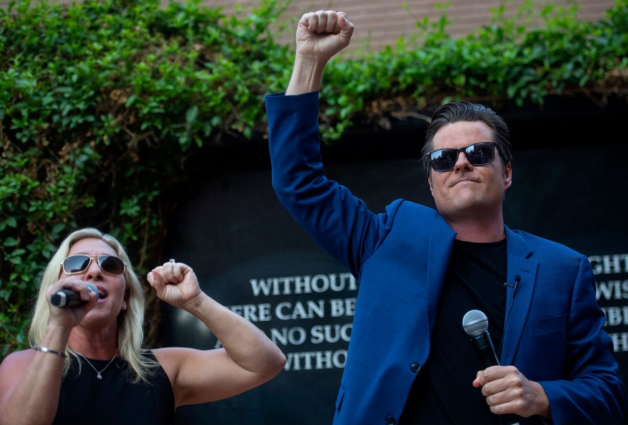 Greene and Gaetz at an "America First" rally in Riverside, California, on July 17, 2021.