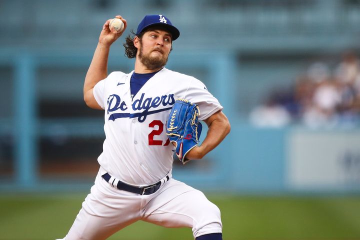 Trevor Bauer of the Los Angeles Dodgers pitches against the San Francisco Giants on June 28, 2021.