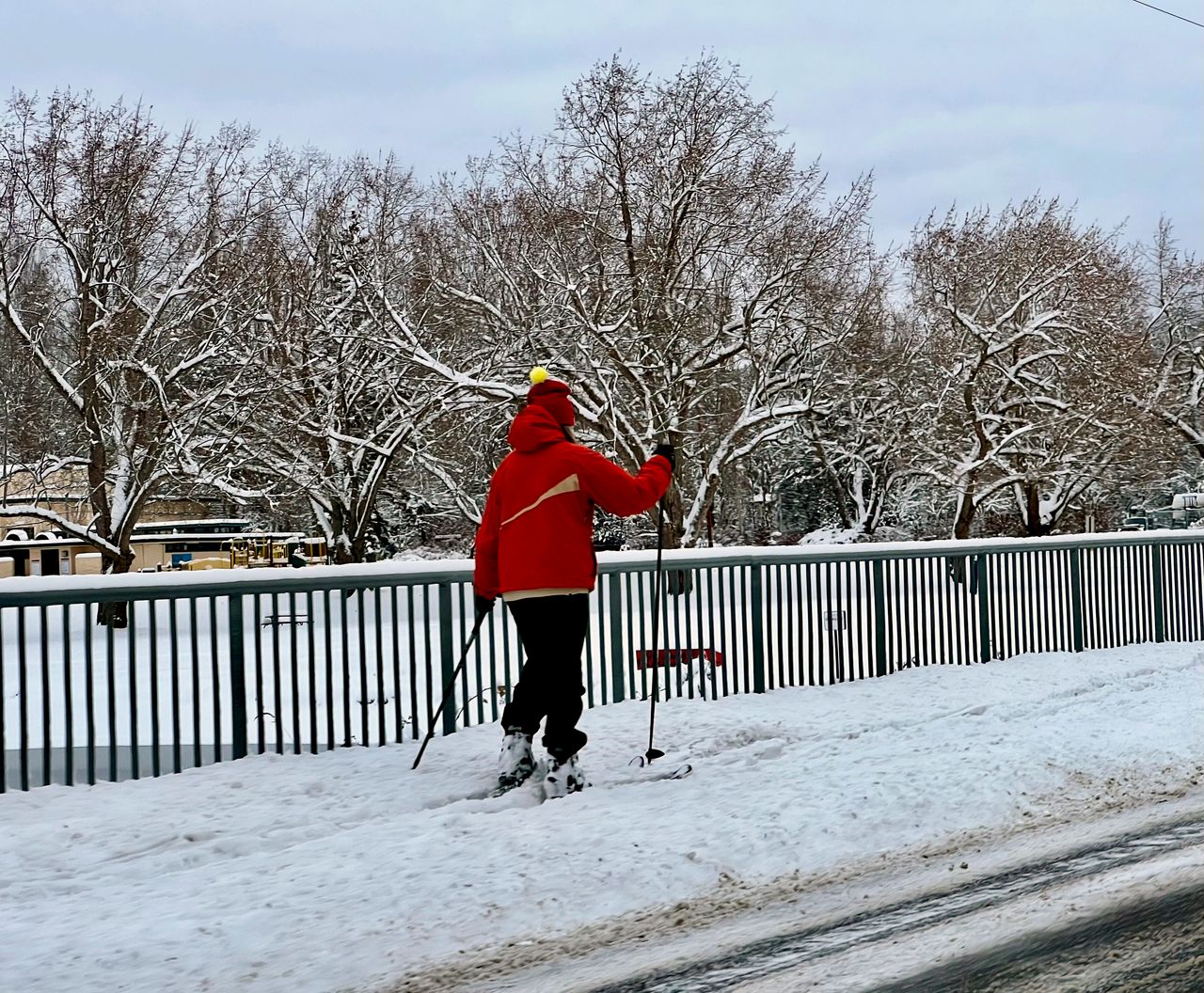 Ένας πεζός χρησιμοποιεί σκι για να περιηγηθεί σε ένα πεζοδρόμιο στο Bellingham της Ουάσιγκτον, νωρίς το πρωί της Τρίτης.