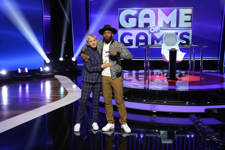 Ellen DeGeneres and Stephen "tWitch" Boss on the set of Ellen's Game Of Games
