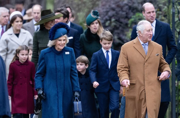 Princess Charlotte, the Princess of Wales, Camilla, Queen Consort, Prince Louis, Prince George, King Charles III and Prince William attend the Christmas Day service at Sandringham Church on Dec. 25.