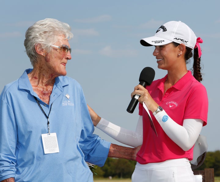 FILE - All time winningest professional golfer, Kathy Whitworth, left, congratulates Cheyenne Knight after Knight won the LPGA 2019 Volunteers of America golf tournament in 2019 at Old American Golf Club in The Colony, Texas.