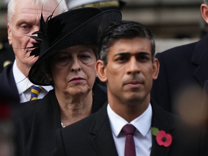 Theresa May and Rishi Sunak during the Remembrance Sunday service at the Cenotaph last month.