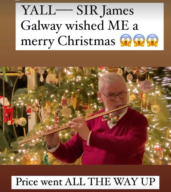 Celebrated flute player James Galway wished Lizzo a Merry Christmas and called himself her "number one fan."