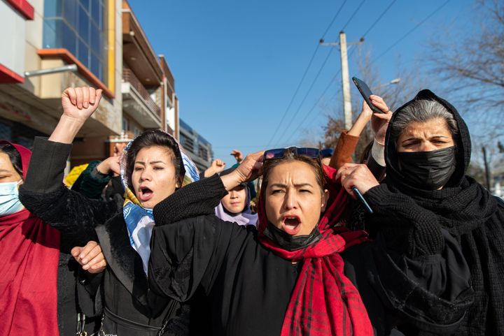 Afghan women protest against a new Taliban ban on women accessing University education on December 22, 2022 in Kabul, Afghanistan. 