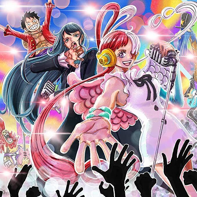 人気漫画ワンピースの劇場版「ONE PIECE FILM RED」の主要キャラクター・ウタ（右）。中央にいるのは尾田栄一郎さんが書き下ろしたAdoさん