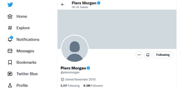 Piers Morgan's Twitter account which appears to have been wiped after reports it was hacked