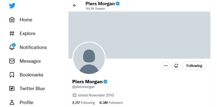 Piers Morgan's Twitter account which appears to have been wiped after reports it was hacked