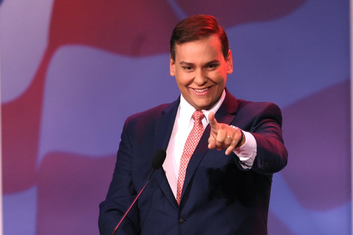 U.S. Rep.-elect George Santos (R-N.Y.) speaks at the Republican Jewish Coalition annual leadership meeting on Nov. 19, 2022, in Las Vegas. The Republican Jewish Coalition recently said that Santos would “not be welcome” at its events in the future.