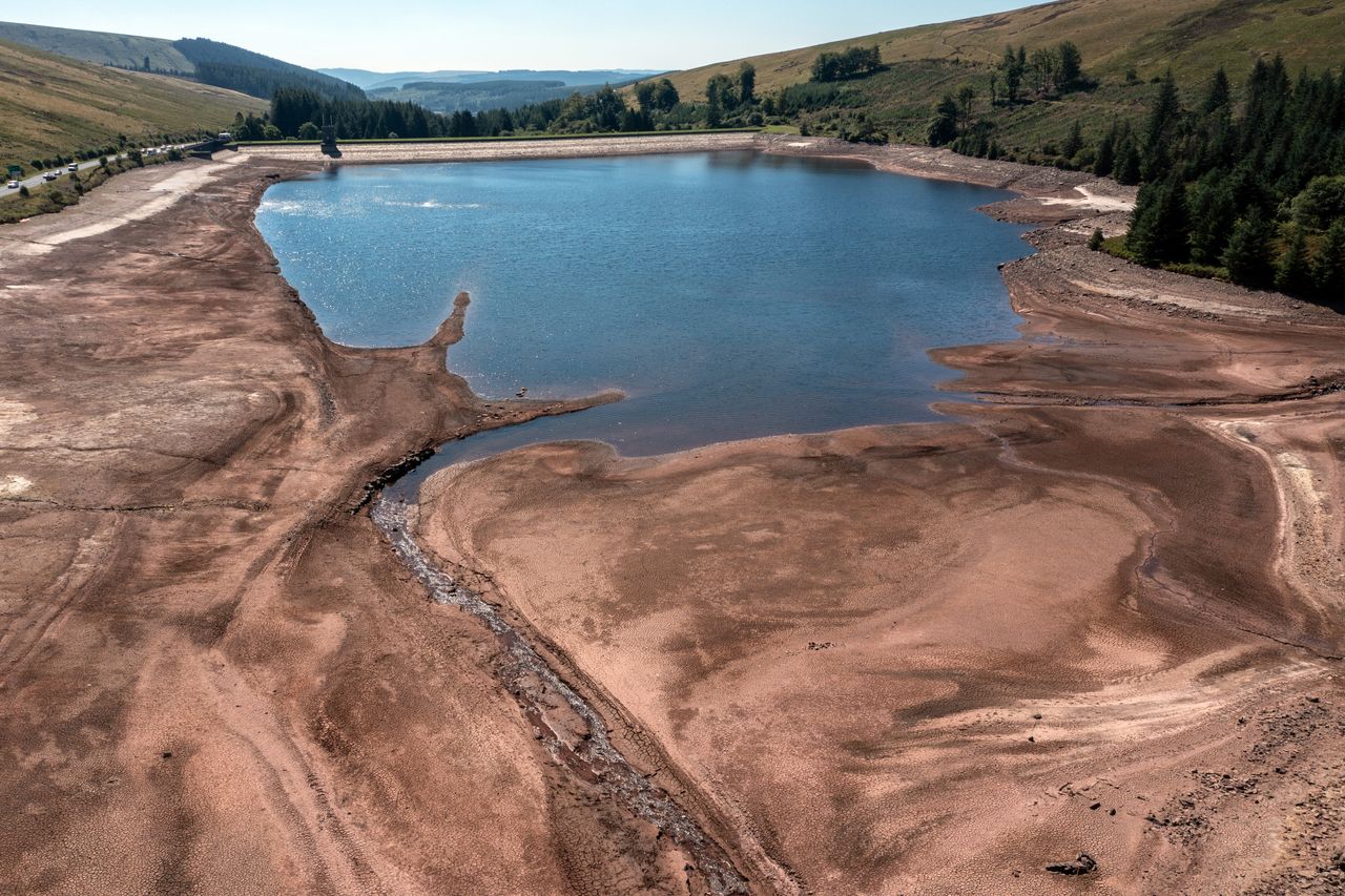 The water level at Beacons Reservoir during the summer heat wave on August 12, 2022 in Merthyr Tydfil, Wales.