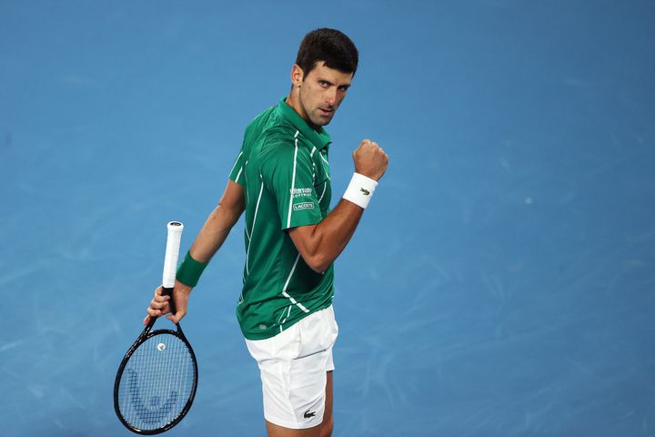 Novak Djokovic celebrates a point during his Men's Singles Final match against Dominic Thiem of the 2020 Australian Open on Feb. 2, 2020 in Melbourne.