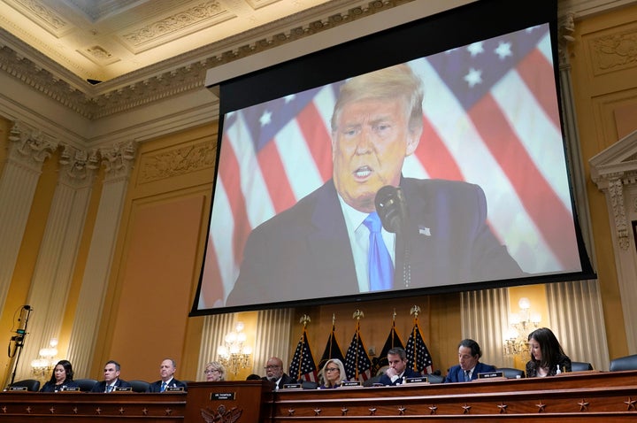 A video of former President Donald Trump is shown as the House select committee investigating the Jan. 6 attack on the U.S. Capitol holds its final meeting on Capitol Hill in Washington, on Dec. 19.