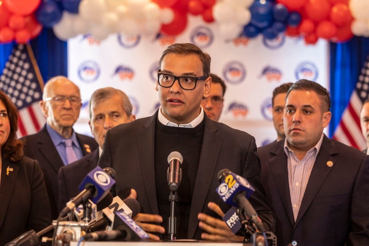 Baldwin, N.Y.: Congressman-elect George Devolder Santos joined the newly elected GOP members of the Senate and Congress during a press conference on November. 9, 2022 in Baldwin, New York. (Photo by Alejandra Villa Loarca/Newsday RM via Getty Images)