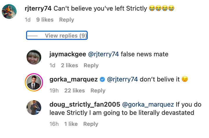Gorka responding to one fan's comment about his future on Strictly Come Dancing
