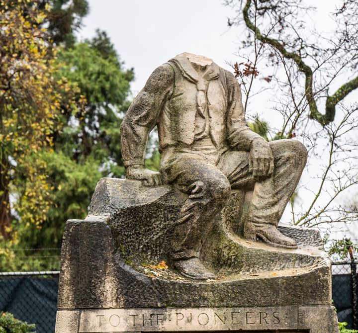 The statute of Charles Swanston, a 19th-century Northern California meat-packing magnate was beheaded earlier this week in Sacramento (Hector Amezcua/The Sacramento Bee via AP)