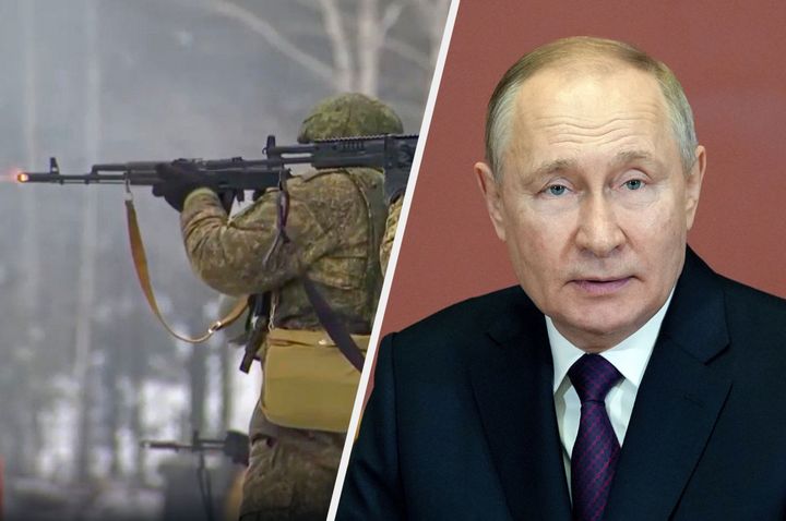 Russian soldiers and president Vladimir Putin