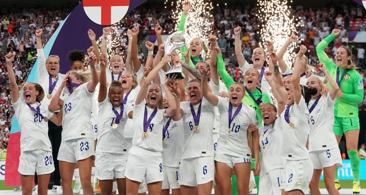 England lift the Euros trophy during the UEFA Women's Euro England 2022 final match between England and Germany at Wembley Stadium on July 31, 2022.