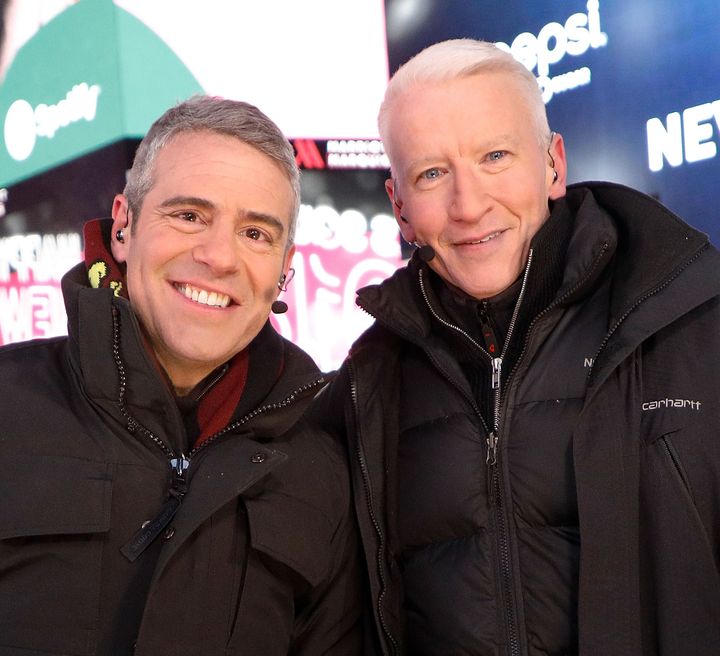 Andy Cohen and Anderson Cooper hosting CNN's New Year's Eve coverage at Times Square on Dec. 31, 2017, in New York City.
