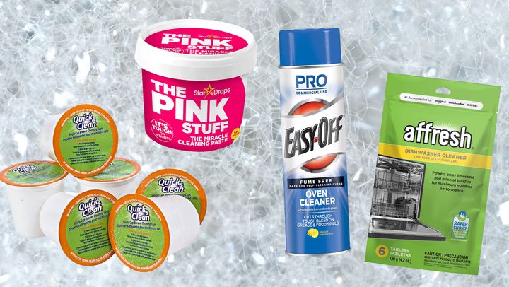 K-cup cleaning pods, The Pink Stuff cleaning paste, Easy-Off oven cleaner, Affresh dishwasher tablets