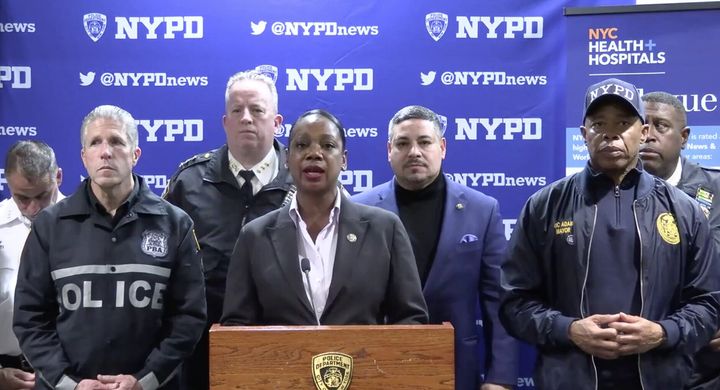 New York Police Department Superintendent Keechant Sewell speaks at press conference after three NYPD officers were wounded in machete attack near Times Square New Year's Eve.