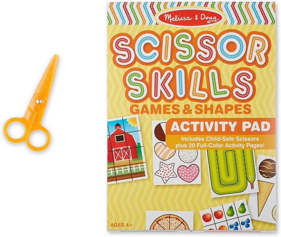 A Melissa & Doug activity book with a pair of safety scissors