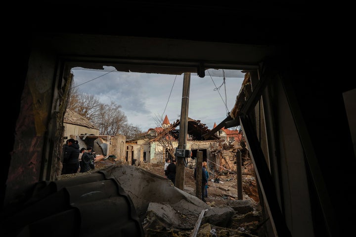 Rubble in a damaged neighborhood is seen after Russian missile attacks in the Solomyansk district of Kyiv, Ukraine on January 01, 2023. (Photo by Mustafa Ciftci/Anadolu Agency via Getty Images)