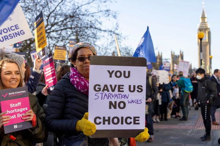 Nurses and supporters striking on a picket line outside St Thomas Hospital on the 20th of December 2022 in London, United Kingdom. 