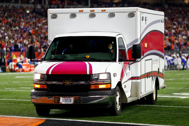 Damar Hamlin of the Buffalo Bills is driven off the field in an ambulance after sustaining an injury during the first quarter of an NFL football game against the Cincinnati Bengals at Paycor Stadium on January 2, 2023 in Cincinnati, Ohio.
