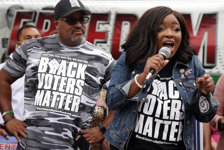 Crockett (right) speaks at a demonstration on voting rights outside the National Museum of African American History and Culture on Aug. 4, 2021, in Washington, D.C.