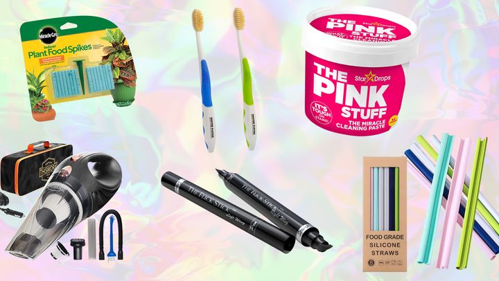Car vacuum, plant food spikes, flossing toothbrush, eyeliner stamp, cleaning paste, silicone straws