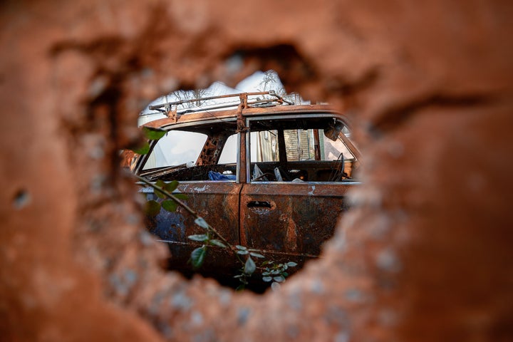 A view of a burned out car as the Ukraine war continues.