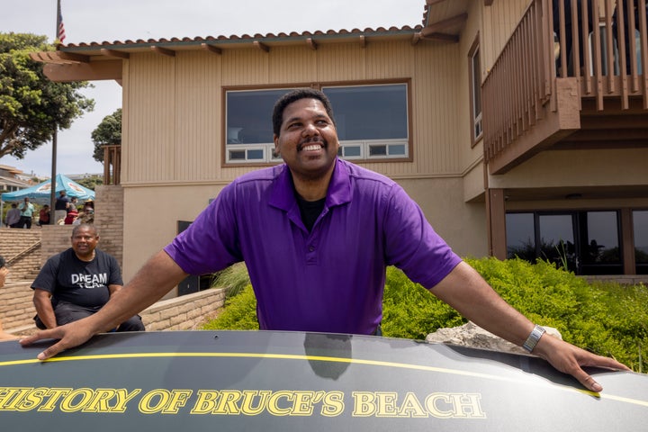 Anthony Bruce is seen at a plaque commemorating the history of Bruce's Beach after a July ceremony to return ownership of the property to the descendants of the original owners in the early 1900s. The land was taken from the Black owners in the 1920s.